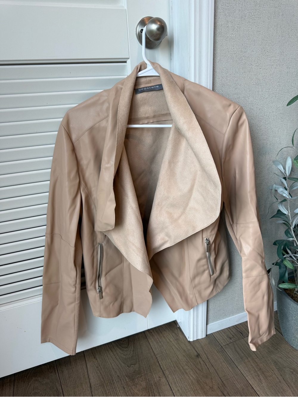 bagatelle Soft Taupe Faux Leather Draped Jacket